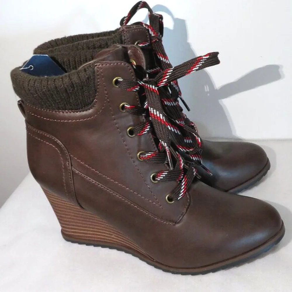 Nautica Espresso Brandt Lace-up Wedge Booties 7.5
